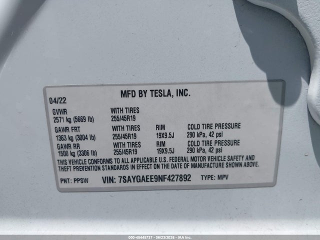 45445737 :رقم المزاد ، 7SAYGAEE9NF427892 vin ، 2022 Tesla Model Y Long Range Dual Motor All-wheel Drive مزاد بيع