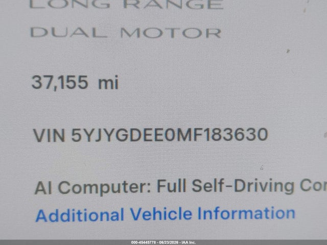 45445778 :رقم المزاد ، 5YJYGDEE0MF183630 vin ، 2021 Tesla Model Y Long Range Dual Motor All-wheel Drive مزاد بيع