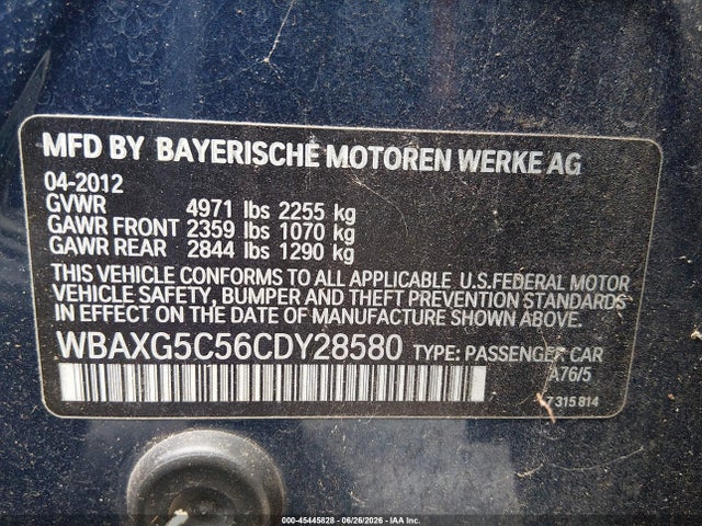 2012 Bmw 528i მანქანა იყიდება აუქციონზე, vin: WBAXG5C56CDY28580, აუქციონის ნომერი: 45445828