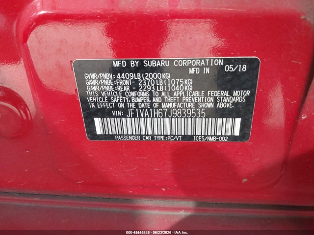 Продажа на аукционе авто 2018 Subaru Wrx Limited, vin: JF1VA1H67J9839535, номер лота: 45445845