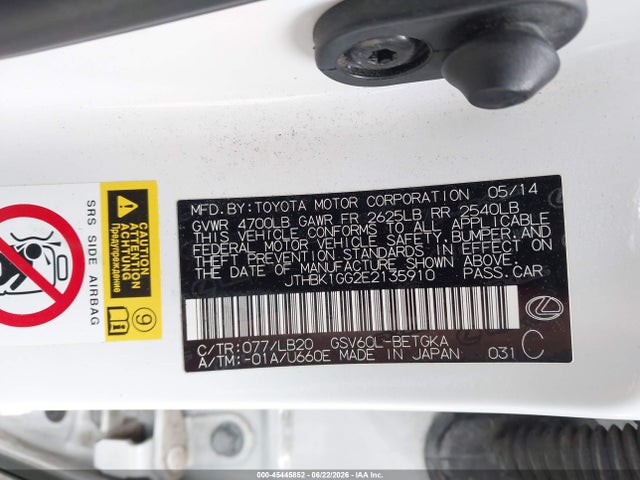 2014 Lexus Es 350 მანქანა იყიდება აუქციონზე, vin: JTHBK1GG2E2135910, აუქციონის ნომერი: 45445852