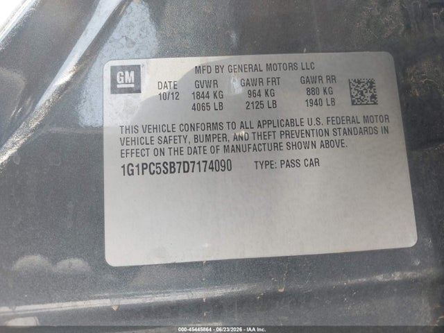 45445864 :رقم المزاد ، 1G1PC5SB7D7174090 vin ، 2013 Chevrolet Cruze 1lt Auto مزاد بيع