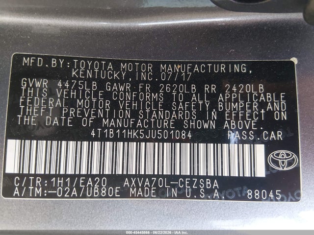 4T1B11HK5JU501084 Toyota CAMRY SE