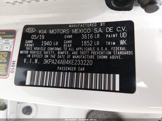 2019 Kia Rio S მანქანა იყიდება აუქციონზე, vin: 3KPA24AB4KE233220, აუქციონის ნომერი: 45445871