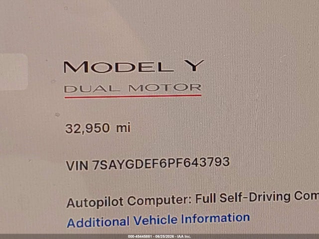 Aukcja sprzedaży 2023 Tesla Model Y Performance Dual Motor All-wheel Drive, vin: 7SAYGDEF6PF643793, numer aukcji: 45445881