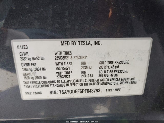 Aukcja sprzedaży 2023 Tesla Model Y Performance Dual Motor All-wheel Drive, vin: 7SAYGDEF6PF643793, numer aukcji: 45445881