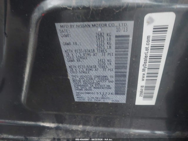 45445897 :رقم المزاد ، 5N1AL0MMXEC511726 vin ، 2014 Infiniti Qx60 مزاد بيع