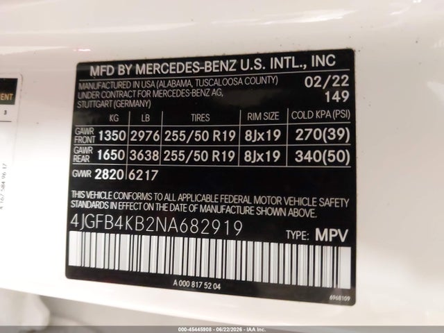 45445908 :رقم المزاد ، 4JGFB4KB2NA682919 vin ، 2022 Mercedes-benz Gle 350 4matic مزاد بيع