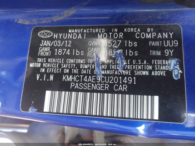 Aukcja sprzedaży 2012 Hyundai Accent Gls, vin: KMHCT4AE9CU201491, numer aukcji: 45445932