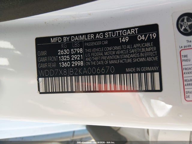 45445940 :رقم المزاد ، WDD7X8JB2KA006670 vin ، 2019 Mercedes-benz Amg Gt 63 4-door Coupe مزاد بيع