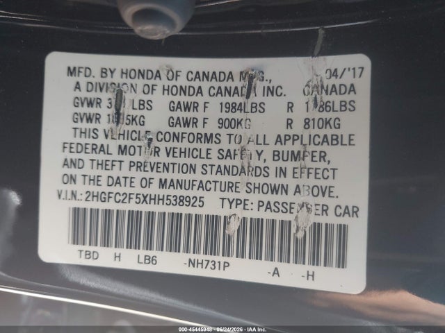 Honda Civic Lx 2017 2HGFC2F5XHH538925 Image 9