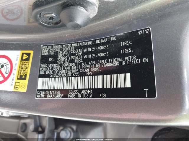 5TDJZRFH9JS818725 Toyota Highlander Xle
