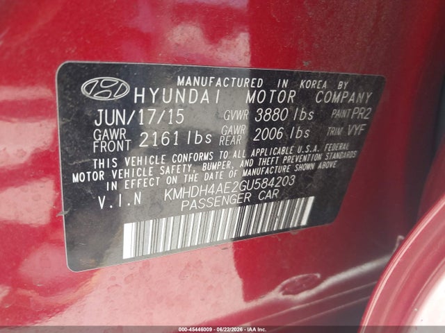 Aukcja sprzedaży 2016 Hyundai Elantra Value Edition, vin: KMHDH4AE2GU584203, numer aukcji: 45446009