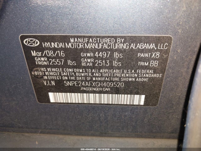 5NPE24AFXGH409520 Hyundai Sonata
