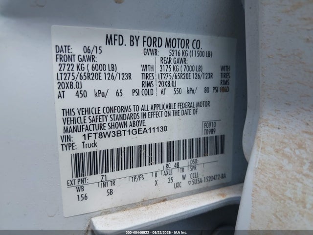 2016 Ford F-350 Lariat მანქანა იყიდება აუქციონზე, vin: 1FT8W3BT1GEA11130, აუქციონის ნომერი: 45446022