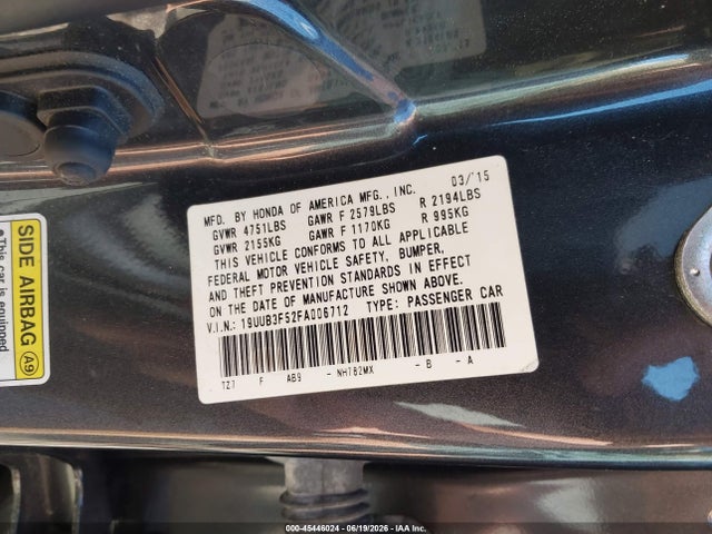 45446024 :رقم المزاد ، 19UUB3F52FA006712 vin ، 2015 Acura Tlx V6 Tech مزاد بيع