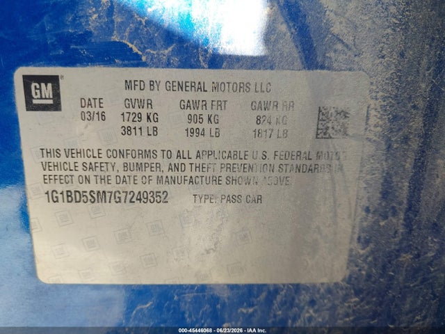 Продаж на аукціоні авто 2016 Chevrolet Cruze Lt Manual, vin: 1G1BD5SM7G7249352, номер лоту: 45446068