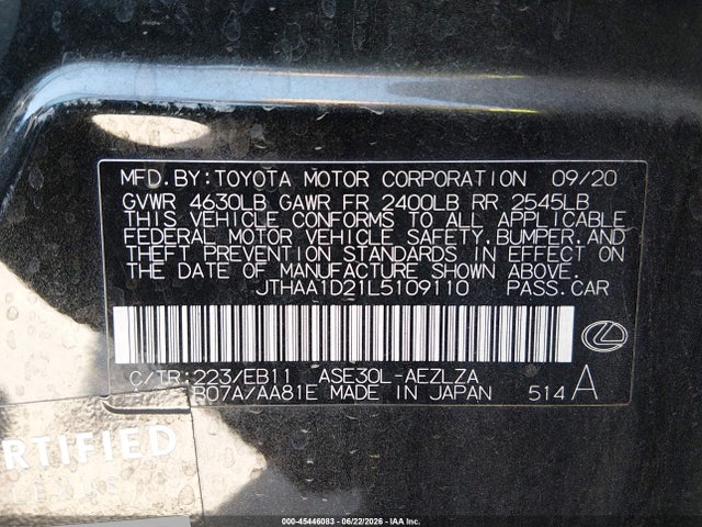 Lexus IS 300 2020 JTHAA1D21L5109110 Image 9