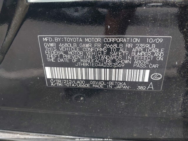 Auction sale of the 2010 Lexus Es 350, vin: JTHBK1EG4A2357569, lot number: 45446086