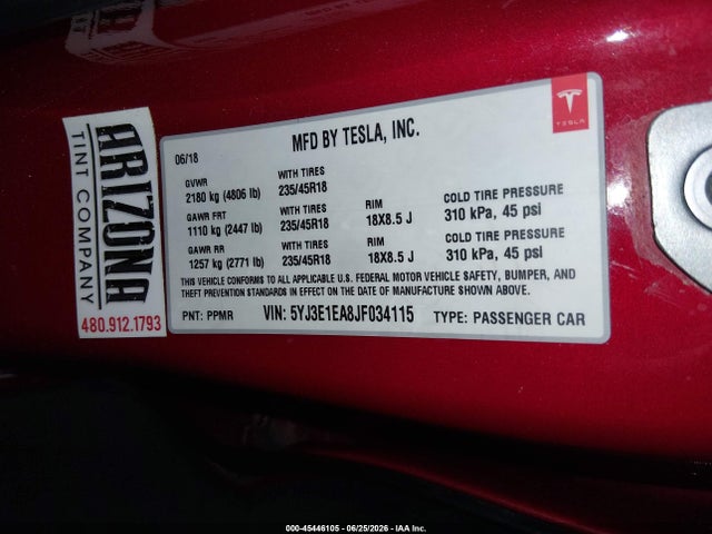 45446105 :رقم المزاد ، 5YJ3E1EA8JF034115 vin ، 2018 Tesla Model 3 Long Range/mid Range مزاد بيع