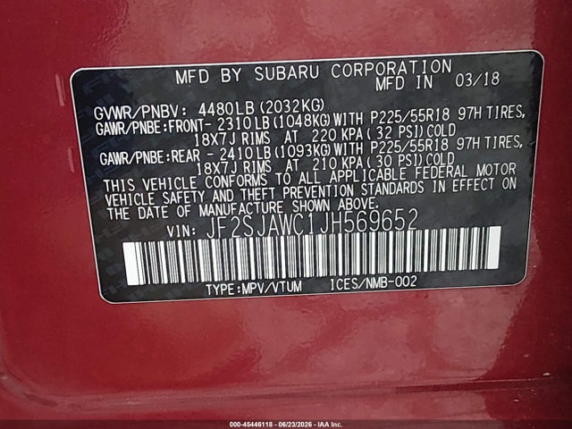 Продажа на аукционе авто 2018 Subaru Forester 2.5i Touring, vin: JF2SJAWC1JH569652, номер лота: 45446118