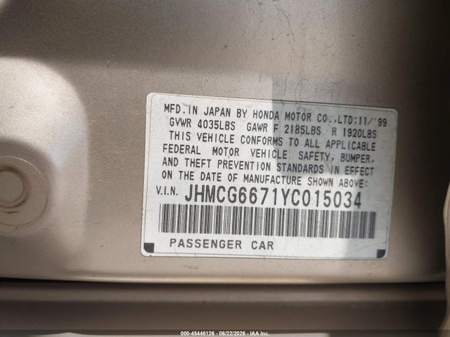 45446126 :رقم المزاد ، JHMCG6671YC015034 vin ، 2000 Honda Accord 2.3 Ex مزاد بيع