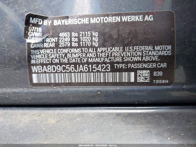 45446142 :رقم المزاد ، WBA8D9C56JA615423 vin ، 2018 Bmw 330i Xdrive مزاد بيع