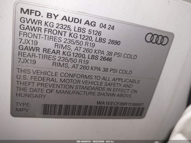 45446151 :رقم المزاد ، WA1EECF39R1139507 vin ، 2024 Audi Q3 Premium Plus 45 Tfsi S Line Quattro Tiptronic مزاد بيع