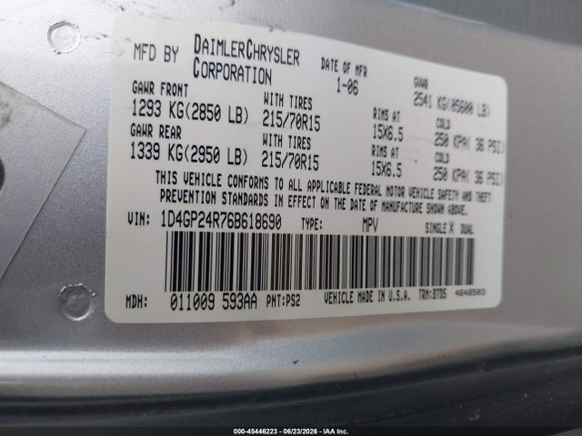 2006 Dodge Grand Caravan Se მანქანა იყიდება აუქციონზე, vin: 1D4GP24R76B618690, აუქციონის ნომერი: 45446223