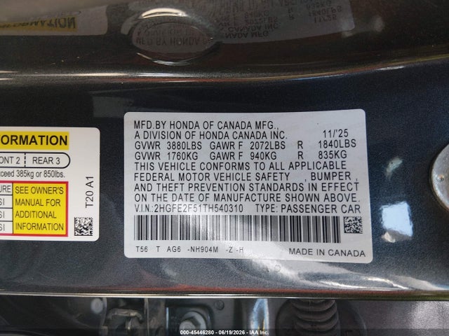 Honda Civic Sport 2026 2HGFE2F51TH540310 Image 9