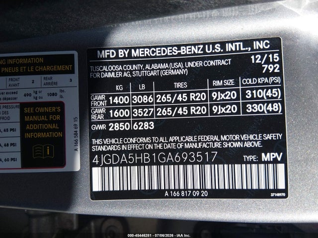 Продажа на аукционе авто 2016 Mercedes-benz Gle 350 4matic, vin: 4JGDA5HB1GA693517, номер лота: 45446281