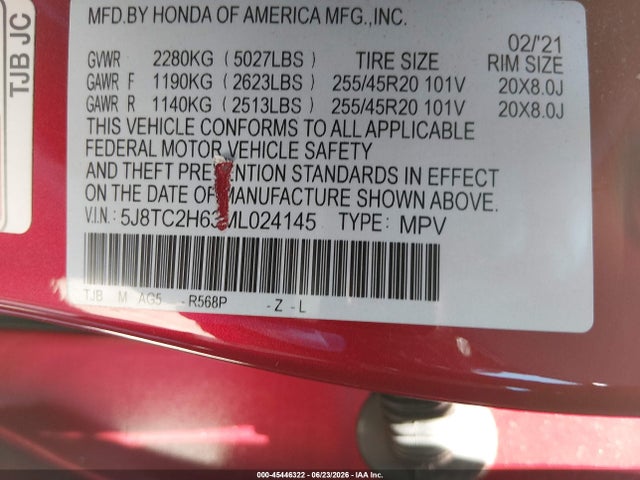45446322 :رقم المزاد ، 5J8TC2H63ML024145 vin ، 2021 Acura Rdx A-spec Package مزاد بيع