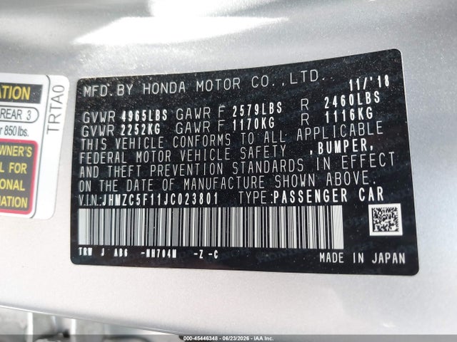JHMZC5F11JC023801 Honda CLARITY PLUG-IN HYBRID