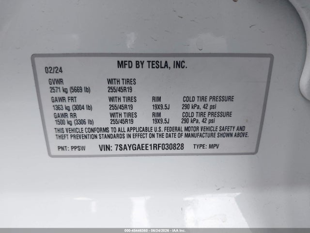 Aukcja sprzedaży 2024 Tesla Model Y Long Range Dual Motor All-wheel Drive, vin: 7SAYGAEE1RF030828, numer aukcji: 45446360