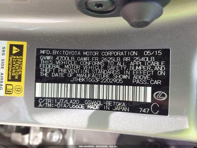 Продажа на аукционе авто 2015 Lexus Es 350, vin: JTHBK1GG3F2202905, номер лота: 45446363