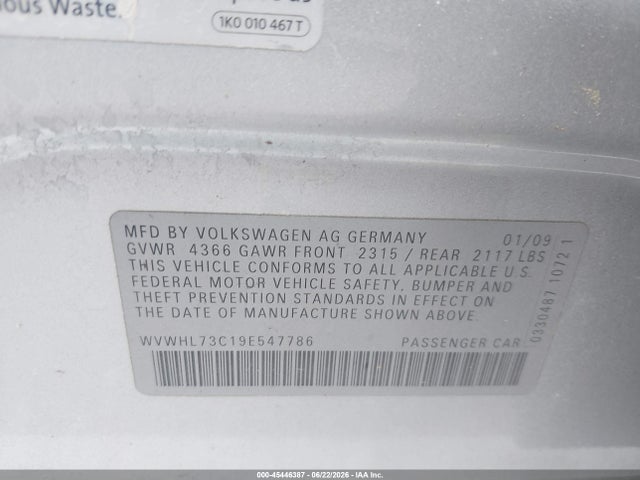 2009 Volkswagen Cc Luxury მანქანა იყიდება აუქციონზე, vin: WVWHL73C19E547786, აუქციონის ნომერი: 45446387