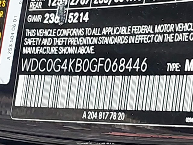 45446397 :رقم المزاد ، WDC0G4KB0GF068446 vin ، 2016 Mercedes-benz Glc 300 4matic مزاد بيع