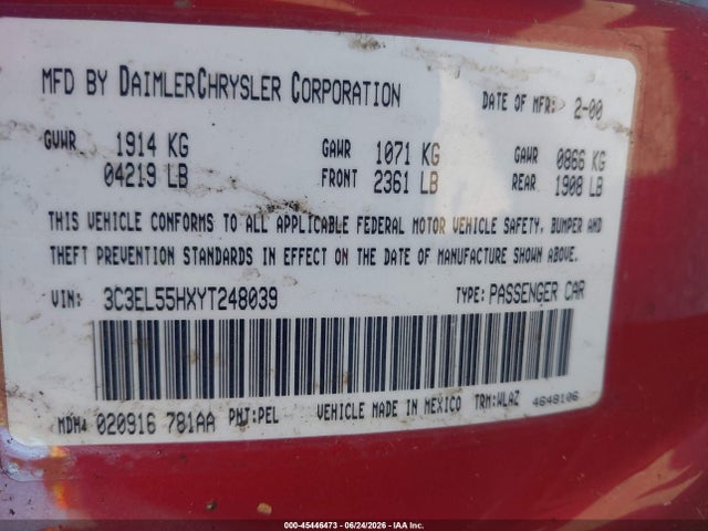 45446473 :رقم المزاد ، 3C3EL55HXYT248039 vin ، 2000 Chrysler Sebring Jxi مزاد بيع
