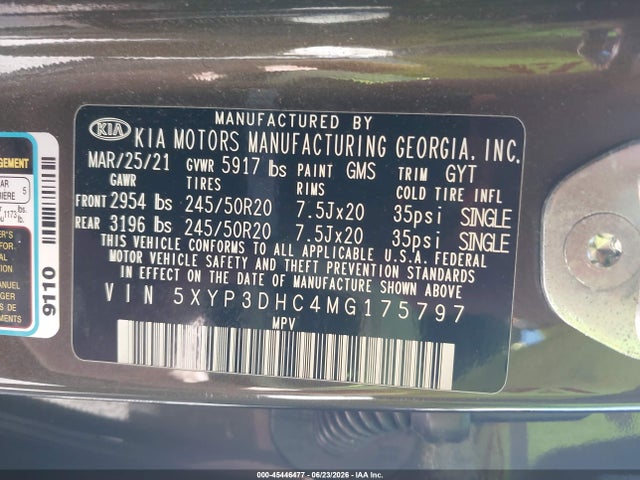 2021 Kia Telluride Ex მანქანა იყიდება აუქციონზე, vin: 5XYP3DHC4MG175797, აუქციონის ნომერი: 45446477