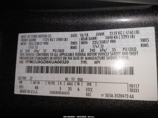 Продаж на аукціоні авто 2019 Ford Escape Se, vin: 1FMCU9GD8KUA00320, номер лоту: 45446501