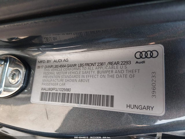 2018 Audi A3 2.0t Premium/2.0t Tech Premium მანქანა იყიდება აუქციონზე, vin: WAUJ8GFF3J1025680, აუქციონის ნომერი: 45446515