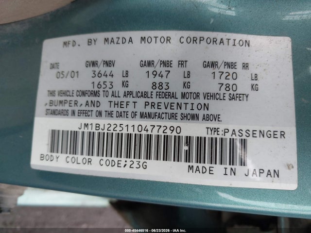 45446516 :رقم المزاد ، JM1BJ225110477290 vin ، 2001 Mazda Protege Es/lx مزاد بيع
