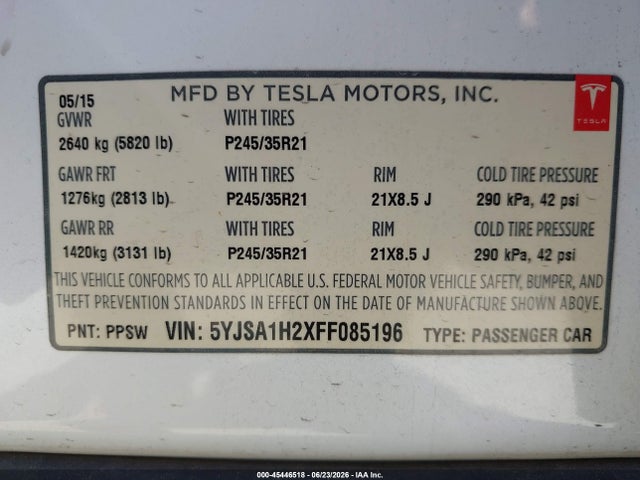 Tesla Model S 70d/85d/p85d 2015 5YJSA1H2XFF085196 Image 9
