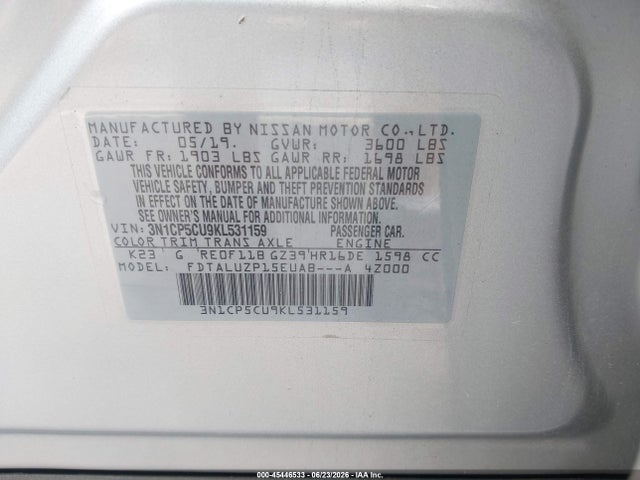 Продаж на аукціоні авто 2019 Nissan Kicks Sr, vin: 3N1CP5CU9KL531159, номер лоту: 45446533