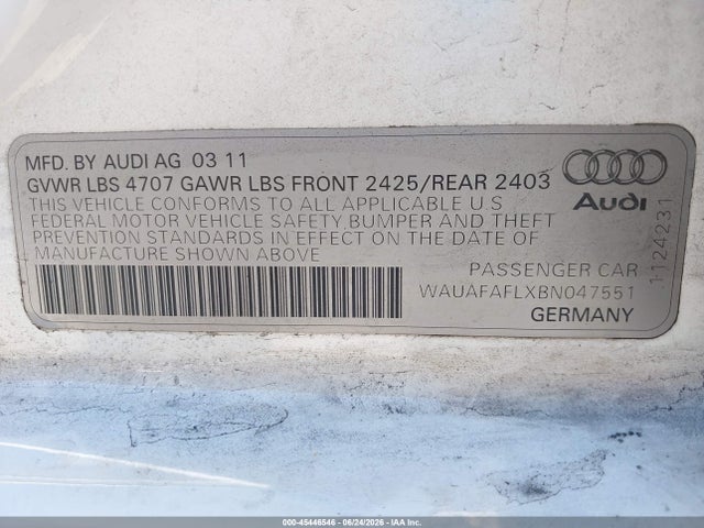 45446546 :رقم المزاد ، WAUAFAFLXBN047551 vin ، 2011 Audi A4 2.0t Premium مزاد بيع