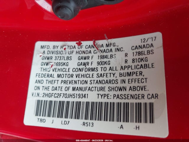 2HGFC2F70JH519341 Honda CIVIC EX