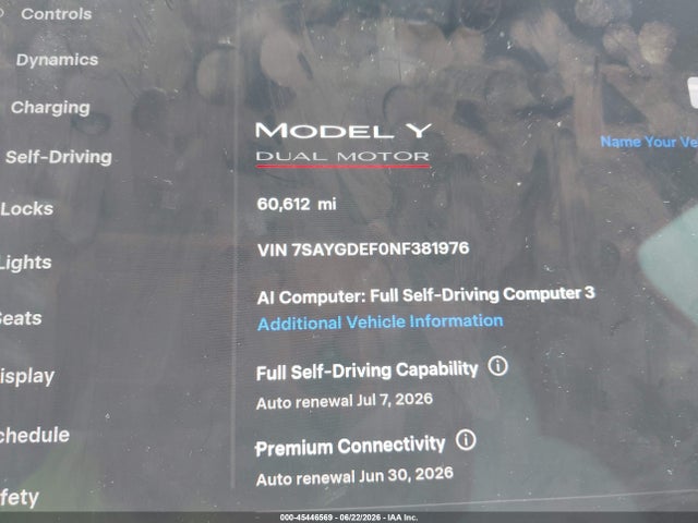 7SAYGDEF0NF381976 Tesla Model Y Performance Dual Motor All-wheel Drive