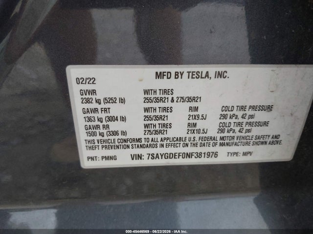 7SAYGDEF0NF381976 Tesla Model Y Performance Dual Motor All-wheel Drive