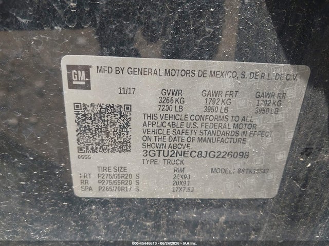 Aukcja sprzedaży 2018 Gmc Sierra 1500 Slt, vin: 3GTU2NEC8JG226098, numer aukcji: 45446610
