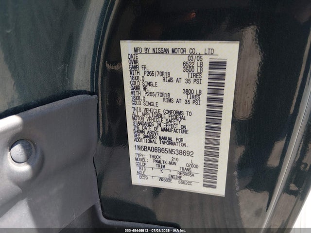 Aukcja sprzedaży 2005 Nissan Titan Xe/se/le, vin: 1N6BA06B65N538692, numer aukcji: 45446613